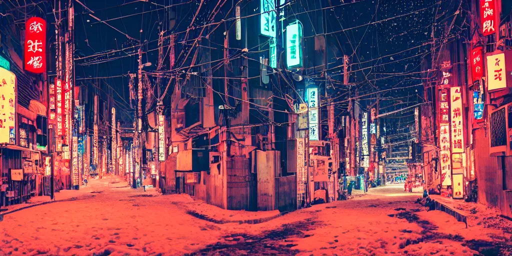 Image similar to a city street at night, snowing, photograph, cyberpunk, sharp focus, intricate detail, drone shot, high resolution, 8k, neon streetlights, wires hanging down everywhere, Japan, colourful, streets filled with cats