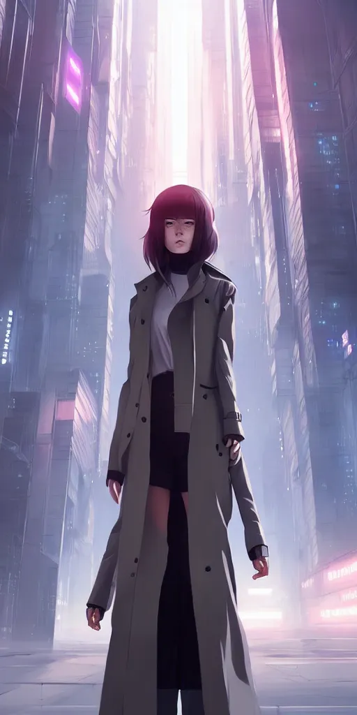 Image similar to realistic render of a cyborg - girl wearing a long trench coat by ross draws, futuristic dystopian city by ilya kuvshinov, digital anime art by ross tran, composition by sana takeda, lighting by greg rutkowski