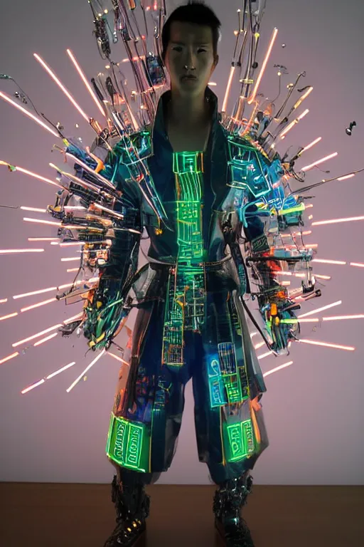 Image similar to full-body neon porcelain bladerunner style sculpture of a young handsome Japanese samurai prince as a half android with a porcelain chest opening exposing circuitry and electric sparks, glowing laser beam eyes, crown of giant diamonds, flowing neon-colored silk, fabric, raptors. baroque elements. full-length view. baroque element. intricate artwork by caravaggio. Very very very very highly detailed epic photo of face. Trending on artstation, octane render, cinematic lighting from the right, hyper realism, octane render, 8k, depth of field, 3D