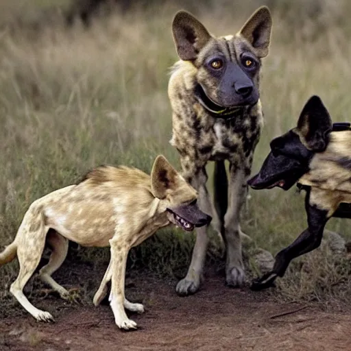 Prompt: National Geographic photo of yoda being eaten by African hunting dogs