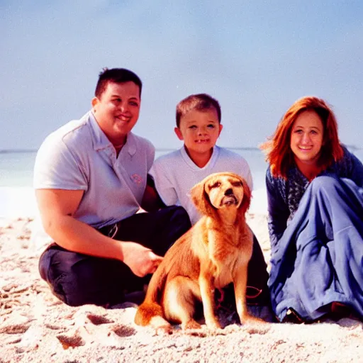 Prompt: family picture on the beach with a dog analog photography portra 4 0 0 kodak fujifilm