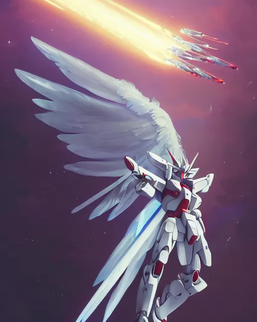 Image similar to highly detailed vfx portrait of an angelic gundam with wings of feathers beam saber fighting in space with a beam gun, unreal engine, greg rutkowski, loish, rhads, beeple, makoto shinkai and lois van baarle, ilya kuvshinov, rossdraws, tom bagshaw, alphonse mucha, global illumination, detailed and intricate environment