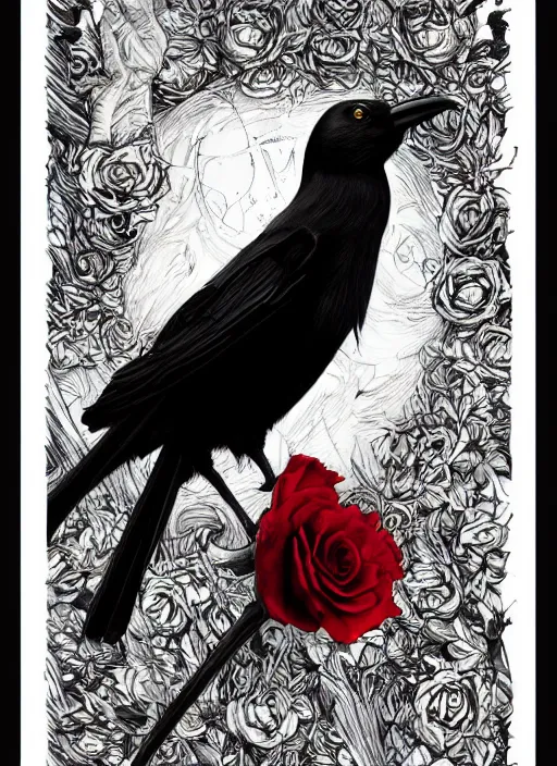 Image similar to portrait, A crow with red eyes in front of the full big moon, book cover, red roses, red white black colors, establishing shot, extremly high detail, foto realistic, cinematic lighting, pen and ink, intricate line drawings, by Yoshitaka Amano, Ruan Jia, Kentaro Miura, Artgerm, post processed, concept art, artstation, matte painting, style by eddie mendoza, raphael lacoste, alex ross