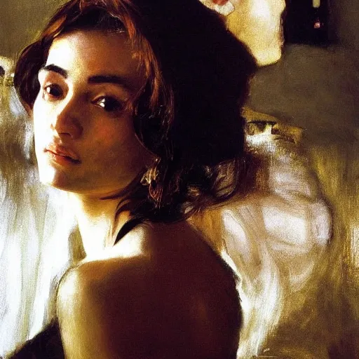 Image similar to a stunning masterful portrait of a confident arab woman with perfect hair by andrew wyeth, john singer sargent, and norman rockwell, natural light, oil painting, ethereal, wong kar wai, strong brushwork