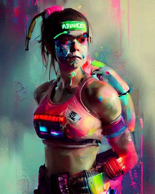 Image similar to detailed portrait Neon boxer Girl, cyberpunk futuristic neon, reflective crop top and shorts, boxing gloves, decorated with traditional Japanese ornaments by Ismail inceoglu dragan bibin hans thoma greg rutkowski Alexandros Pyromallis Nekro Rene Maritte Illustrated, Perfect face, fine details, realistic shaded, fine-face, pretty face
