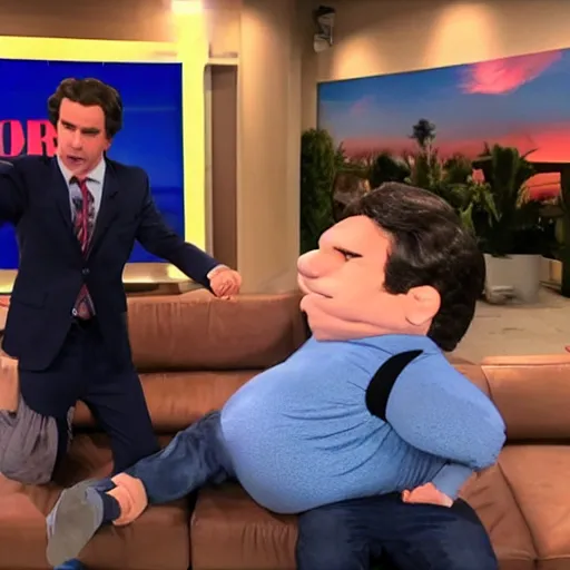 Image similar to a high quality photograph of Jimmy Dore inappropriately interacting with a blowup doll of Tucker Carlson on the set of Tucker Carlson tonight live on Fox News