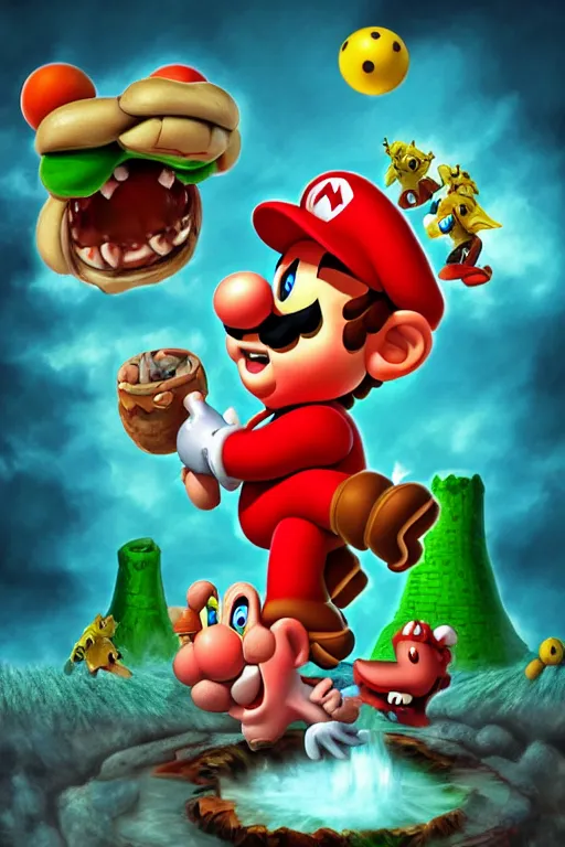 Image similar to mario eating toad from its head parodying saturn devouring his son, digital art, nintendo style, extremely detailed, photoshop, trending on artstation