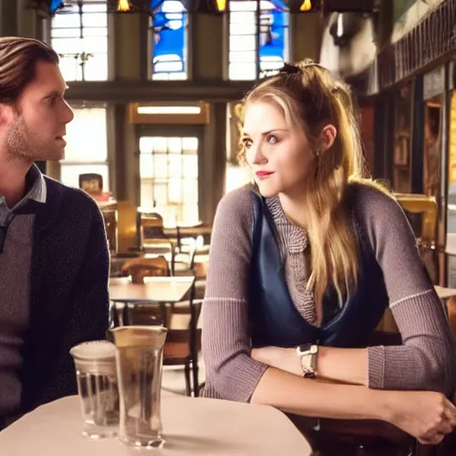 Prompt: a tall guy with dark blond hair bun dating a blond girl in an old restaurant, Gilmore girls aesthetic, realistic, beautiful lighting