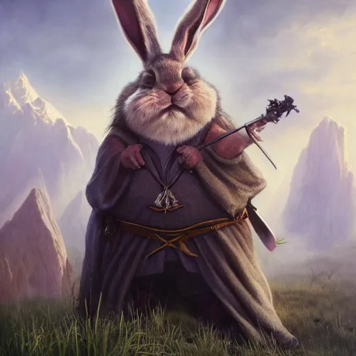 Image similar to hyper realistic, lord of the rings, portrait of a mega derpy john candy, big chungus, with bunny ears, stoned, by greg rutkowski, scott m fischer, artgerm, loish, slight glow, atmospheric, anne stokes, alexandros pyromallis