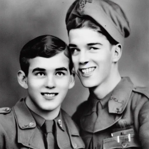 Image similar to a professional photograph of two handsome young wwii soldiers finding love in the trenches