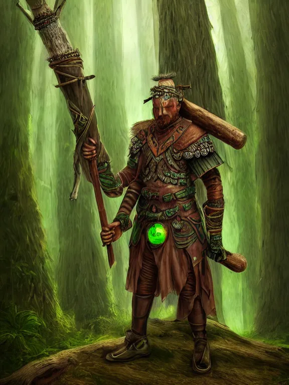 Prompt: full portrait of a warrior, tree bark armor, big wooden club, green cloak, filled with a redwood forest, solarpunk, highly detailed, matte painting, by midjourney