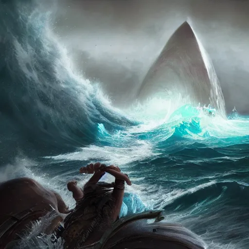 Prompt: tsunami attack, sea, epic fantasy style, in the style of Greg Rutkowski, mythology artwork