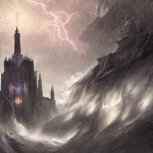 Image similar to an ultra detailed tarot card of a lonely and impossibly tall ominous gothic dark citadel tower of the evil patriarch, in the style of magic the gathering, in a river elevated high above the city, fantasy capital city, ultrawide lense, aerial photography, scary thunderstorm,, volumetric lighting, exquisite detail, 8 k, art by greg rutkowski and alphonse mucha