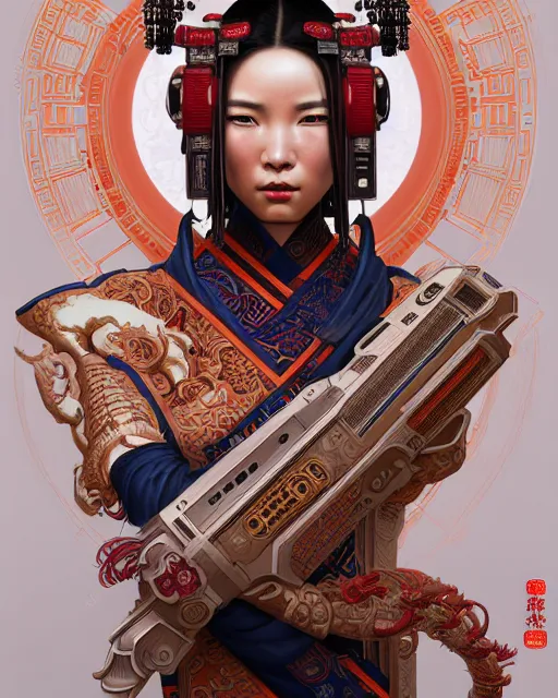 Image similar to portrait of a chinese cyberpunk machine, machine face, upper half portrait, decorated with chinese opera motifs, regal, asian, fine china, wuxia, traditional chinese art intricate intense elegant 京 剧 highly detailed digital painting artstation concept art smooth sharp focus illustration, art by artgerm and greg rutkowski alphonse mucha 8 k