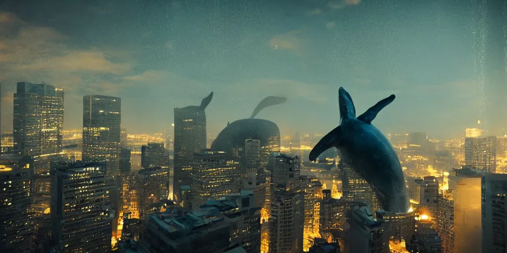 Prompt: a huge whale with bioluminescent skin is swimming in the air near a skyscraper, epic, cinematic shot, soft light, atmosphere, high definition