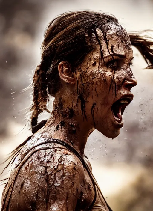 Image similar to a film still of lara croft screaming, her face muddy and sweat, direct sun light, close up potrait, cinematic,