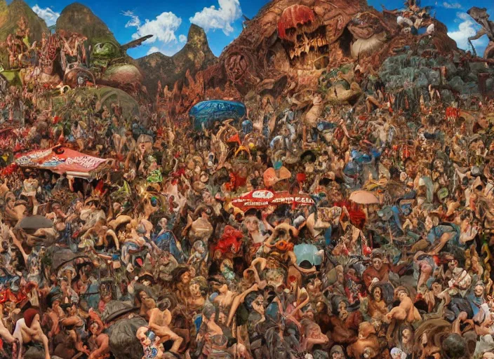 Image similar to where's waldo, lowbrow, matte painting, 3 - d highly detailed, in the style of frank frazetta,