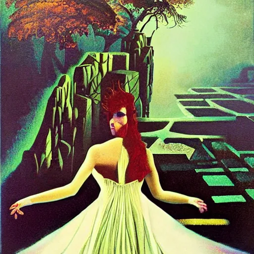 Image similar to labyrinth pan's by karel thole, by phil koch extemporaneous. a beautiful painting. she coalesces into a tall woman in a white dress, diamonds around her neck, hair carefully arranged in auburn waves, young & old at the same time.