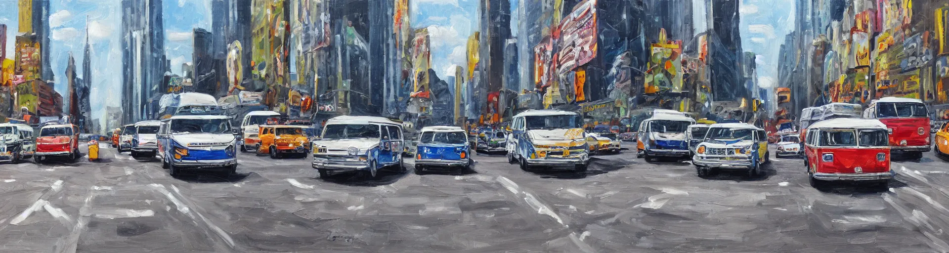 Image similar to a detailed oil painting of vw buses racing in new york city