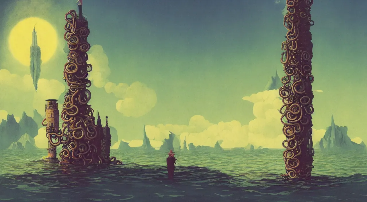 Prompt: single flooded simple tentacle tower, very coherent and colorful high contrast!! masterpiece by rene magritte simon stalenhag carl spitzweg syd mead norman rockwell edward hopper james gilleard, minimalist, dark shadows, sunny day, hard lighting