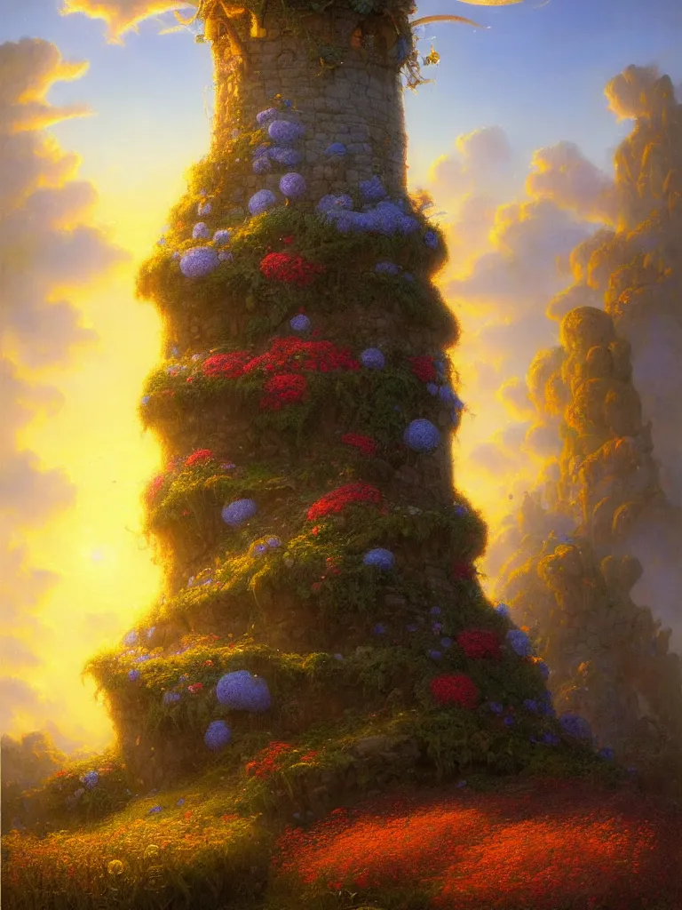 Prompt: a wizard tower in a field of flowers by Justin Gerard, morning light