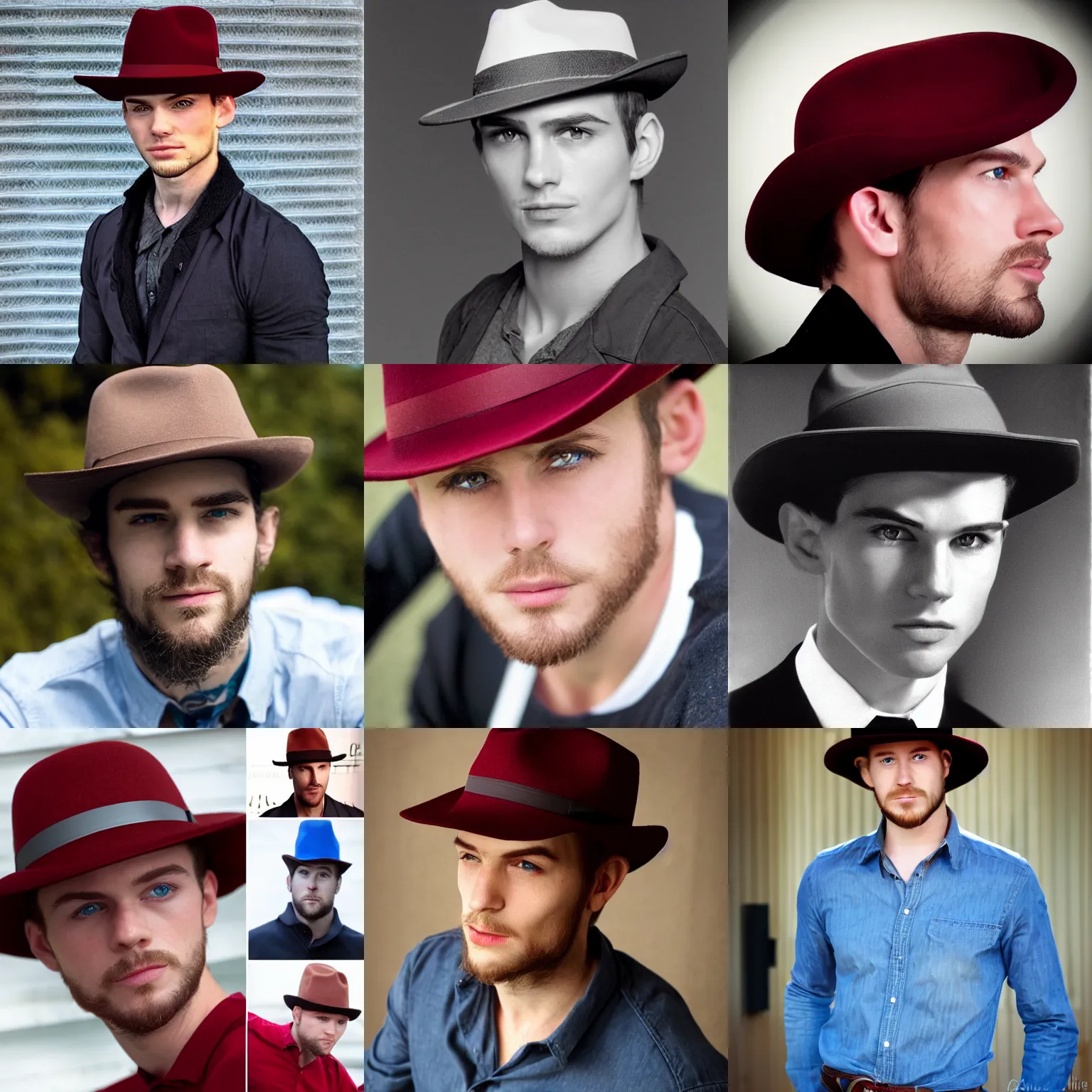 Prompt: young man square jawline ethan hawk dark red fedora hat smirk faint goatee square jaw blue eyes