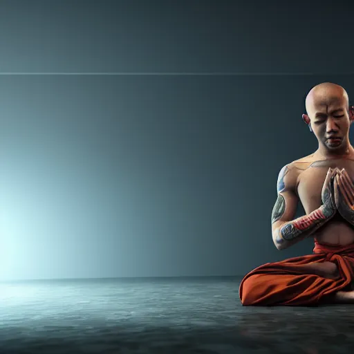 Prompt: an cybernetic monk praying with hands above head, monk robe and tattoos, octane render, unreal engine, 8 k, cinematic, artwork by ilya kuvshinov