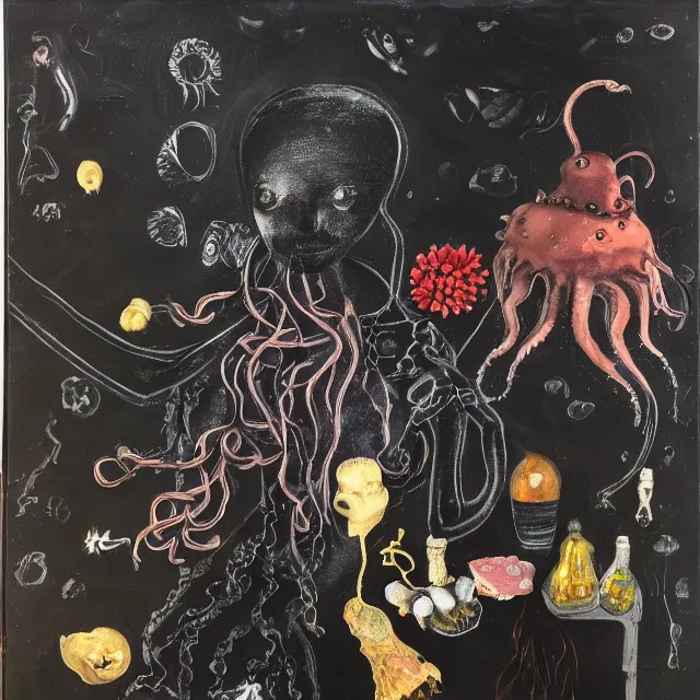 Prompt: a dark apartment with black walls, portrait of female art student holding an octopus, jellyfish, shipwreck, berries, trash, starfish, coral, rocks, seaweed, empty pet bottles, scientific glassware, neo - expressionism, surrealism, acrylic and spray paint and oilstick on canvas