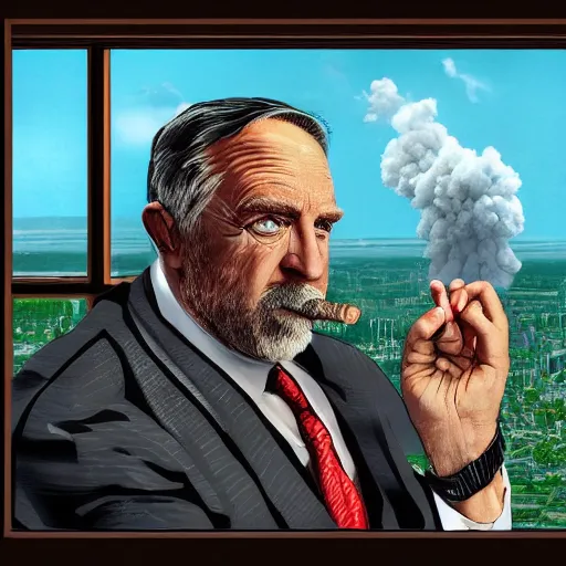 Prompt: mr. house, realistic, highly detailed face, looks at the big explosion, nuclear fungus, explosion, from the window of the lucky 3 8 casino, man smokes a cigar,! holding in his hand!, arm, cigarette advertising, hyperdetailed, artstation trending, ultra hd, artstation, photorealism, ultrarealistic, retro, 4 5 mm, elegant,