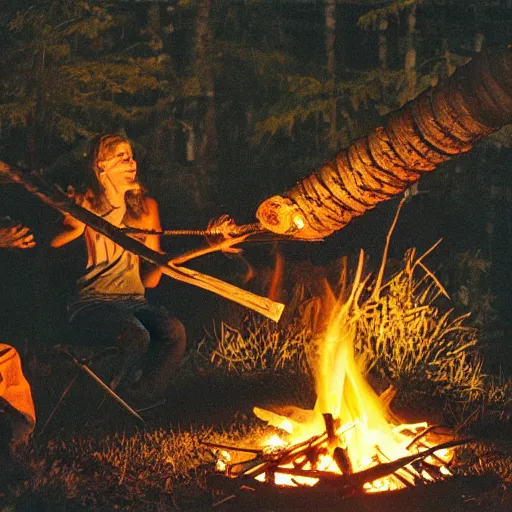 Image similar to beaver being spit roasted over a campfire at night, photograph