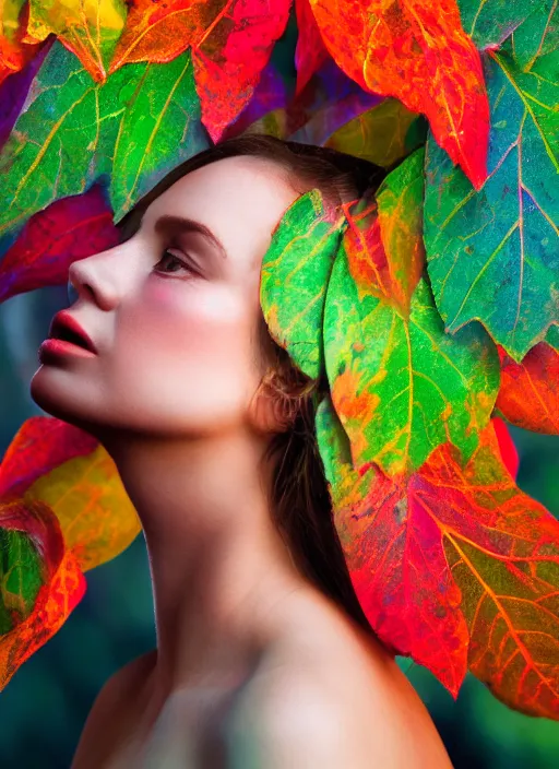 Prompt: a beautiful woman's face in profile made of colorful leaf skeleton, in the style of the dutch masters and gregory crewdson, dark and moody,