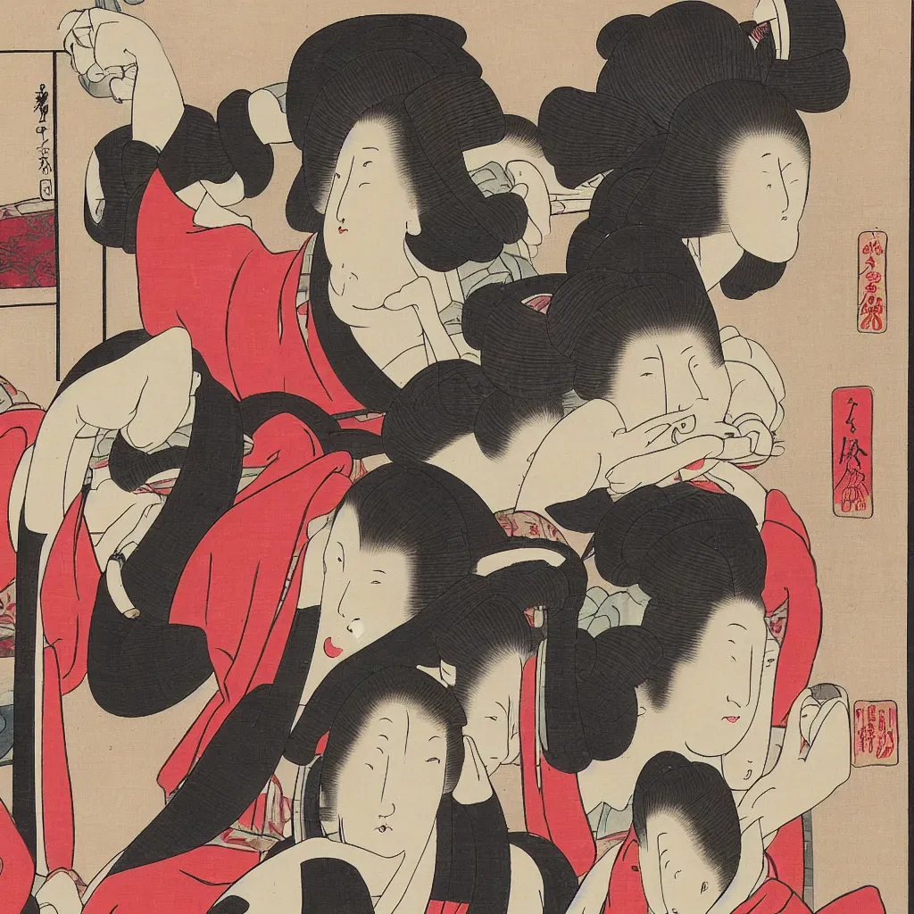 Prompt: Ukiyo-e painting of a Geisha applying makeup in front of a mirror