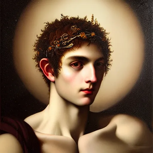 Prompt: Portrait of the Young God Bacchus by Tom Bagshaw and Caravaggio