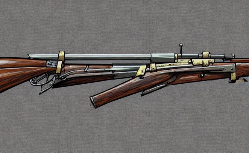 Prompt: Digital drawing of a muzzleloaded flintlock AK47 rifle from the site grabAgun, gunbroker, white background, firearms, professional gunsmithing, top down drawing, gun auction, 4k. high quality, concept art, art by Jean Giraud and Shirow Masamune, gun art reference, postapocalyptic