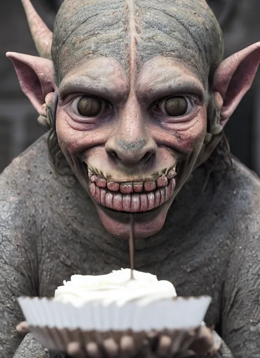 Image similar to closeup face portrait of a medieval goblin eating cakes in the cloisters, depth of field, zeiss lens, detailed, symmetrical, centered, fashion photoshoot, by annie leibovitz and steve mccurry, david lazar, jimmy nelsson, breathtaking, 8 k resolution, extremely detailed, beautiful, establishing shot, artistic, hyperrealistic, beautiful face, octane render