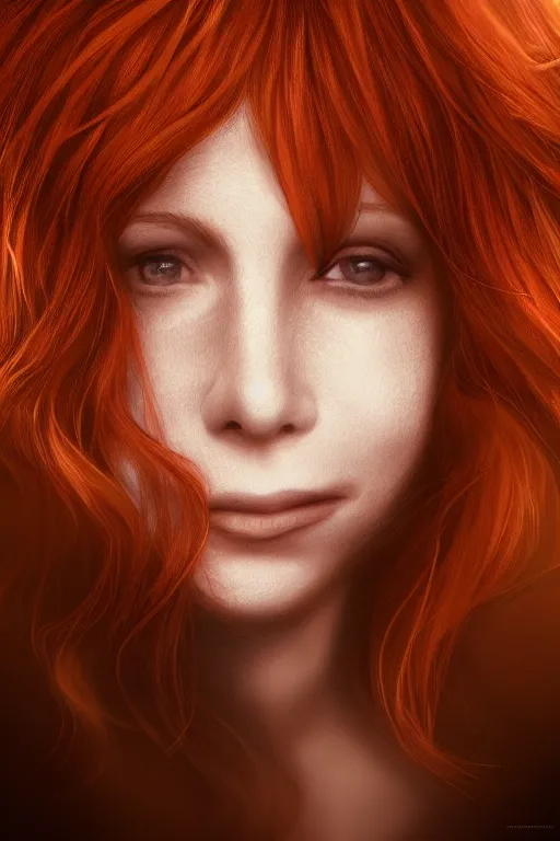 Image similar to portrait of a beautiful redhead woman, mylene farmer, flowy hair, cinematic lighting, highly detailed, digital painting, trending on artstation, pixiv, concept art, sharp focus, illustration, hyper detailed digital matte painting, concept art, cinema 4 d, 8 k resolution, trending on artstation, behance hd