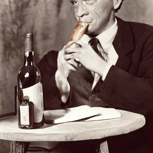 Image similar to a frenchman with a baguette and a bottle of wine in 1 9 5 0