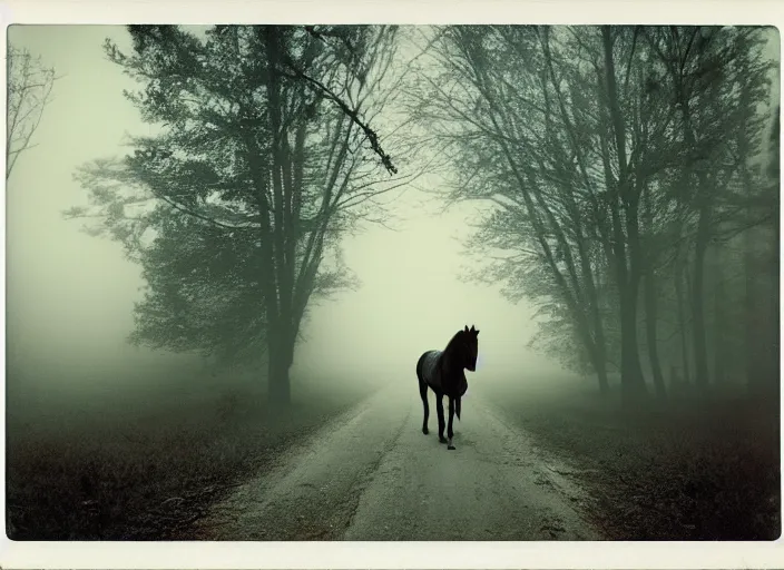 Image similar to medium shot, an evil horse is walking, woods, horror, fog, polaroid photo, vintage, neutral colors, by gregory crewdson,