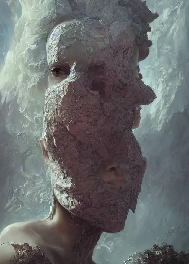 Prompt: woman portrait, face, foreground, volumetric, wearing a carved half mask with mineral incrustations, godness, ethereal, evil, elements, baroque, rococo, ink, tarot card enviromet, cinematics lights, detailed, intricate illustration, octane render, fractal, fine art by marc simonetti & peter mohrbacher