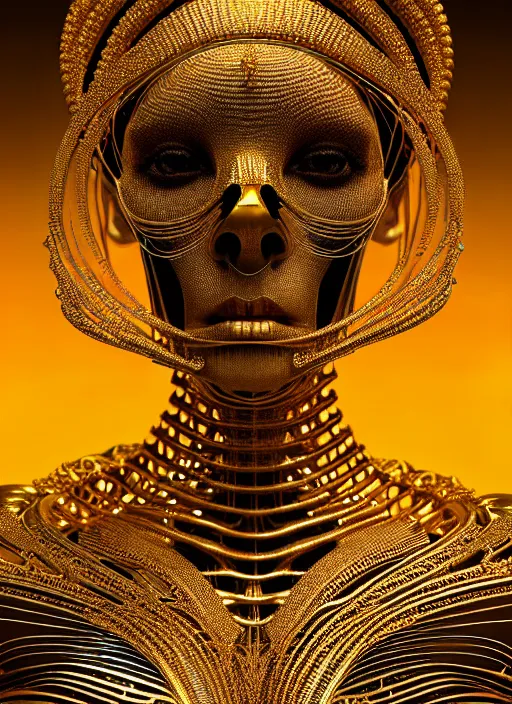 Prompt: portrait of an absurdly beautiful, graceful, sophisticated, fashionable futuristic female golden skeleton with sections of skin showing, glowing internal warm light, hyperdetailed illustration by irakli nadar and alexandre ferra, intricate linework, faberge, intricate gold headdress, dark atmosphere, unreal engine 5 highly rendered, global illumination, radiant light, detailed and intricate environment