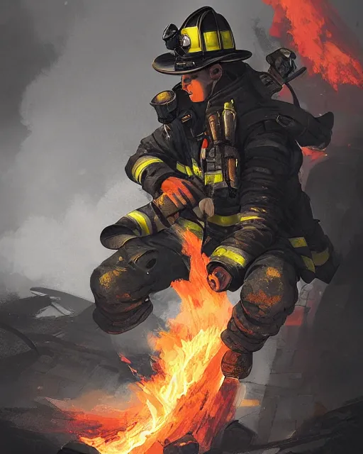 Image similar to heroic firefighter in action in black and yellow uniform, fire flames, sharp details, sharp focus, elegant, highly detailed, illustration, by jordan grimmer and greg rutkowski and pine ( ハイネ ) and 薯 子 imoko and 香 川 悠 作 and wlop and maya takamura, intricate