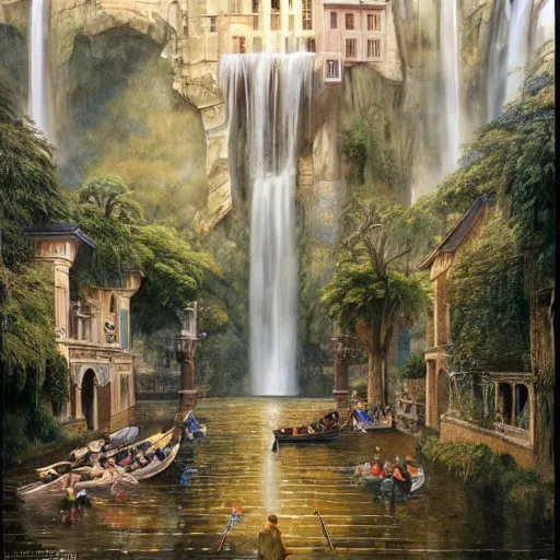 Prompt: a painting of a renaissance village in the sky with waterfalls, open windows, godrays, chandelier, pillars of marble, storm, waterfalls, small canoes, art by JohannesVoss, Donato Giancola, Aleksi Briclot, trending on artstation