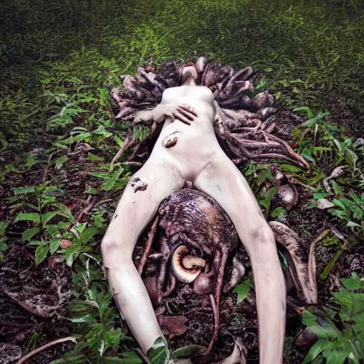 Prompt: rotting woman laying on back looking up, overgrown with nature, decay, mushrooms, rot octane render 4 k hd concept art photo realism white eyes scary beautiful