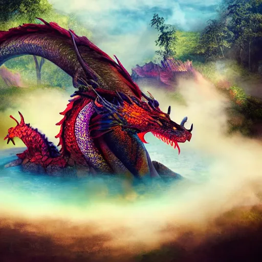 Prompt: highly detailed photograph of a dragon in a steaming colorful hotspring with woodland forest backdrop, featured on artstation