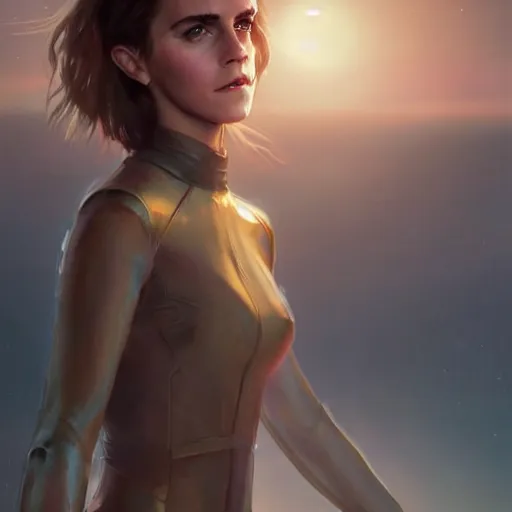 Prompt: a portrait of emma watson wearing skintight dress, futuristic earth in the background as seen by greg rutkowski, light theme, enchanted, warm colors, high quality, waw, trending on artstation