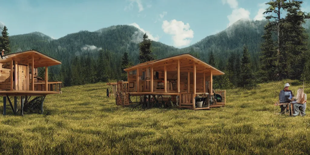 Prompt: cabela's outdoors micro - compact modular home, quick assembly, utilitarian, glamping, airbnb, temporary emergency shelter, person in foreground, cliffside mountainous forested wilderness open fields, beautiful views, photorealistic painterly advertising concept art, sharp focus, joanna gaines, farmhouse, magnolia, architectural concept art painting