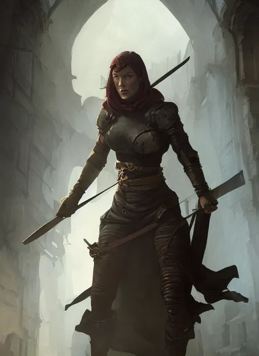 Image similar to hyper realistic photo of medieval rogue milla jovovich, full body, rule of thirds, conceptart, saturated colors, cinematic, greg rutkowski, brom, james gurney, mignola, craig mullins, artstation, cgsociety