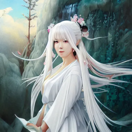 Image similar to sode no shirayuki, wearing a white kimono, long white hair, yamato nadeshiko, character, cg animation, riot entertainment, arcane, realistic, character select portrait, by artgerm, greg rutkowski, alphonse mucha, 3 d