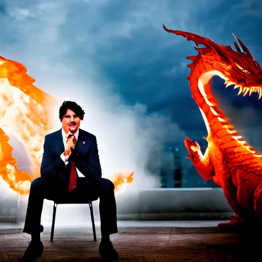 Image similar to Justin Trudeau breathing fire like a dragon at his enemy across from him President Obama, Studio lighting, shallow depth of field. Professional photography City at night in background, lights, colors,4K