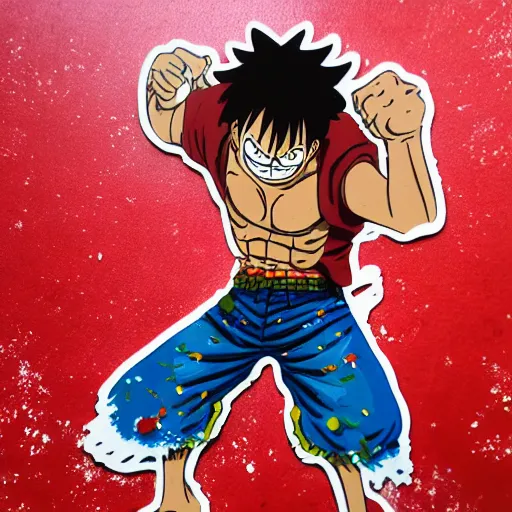 Image similar to die cut sticker, luffy gear 4, splatter paint on paper